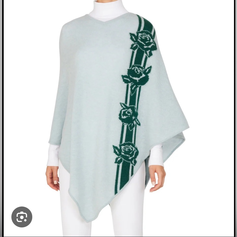 Beryll Cashmere Light Blue Poncho with Green Rose Design